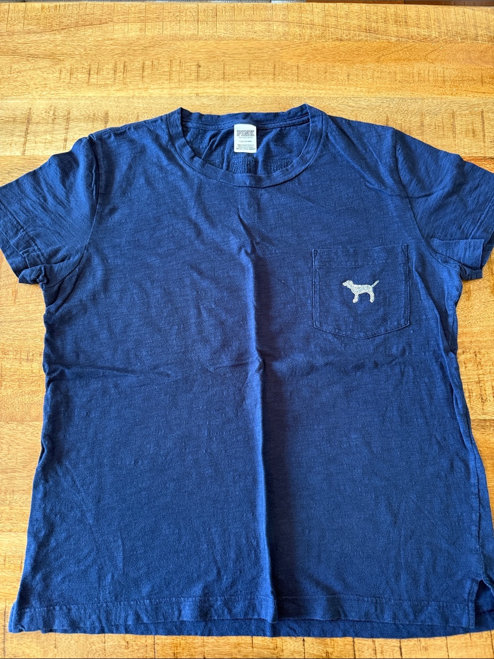 PINK Victoria's Secret Girls' Navy Short Sleeve Pocket Tee with Dog Patch